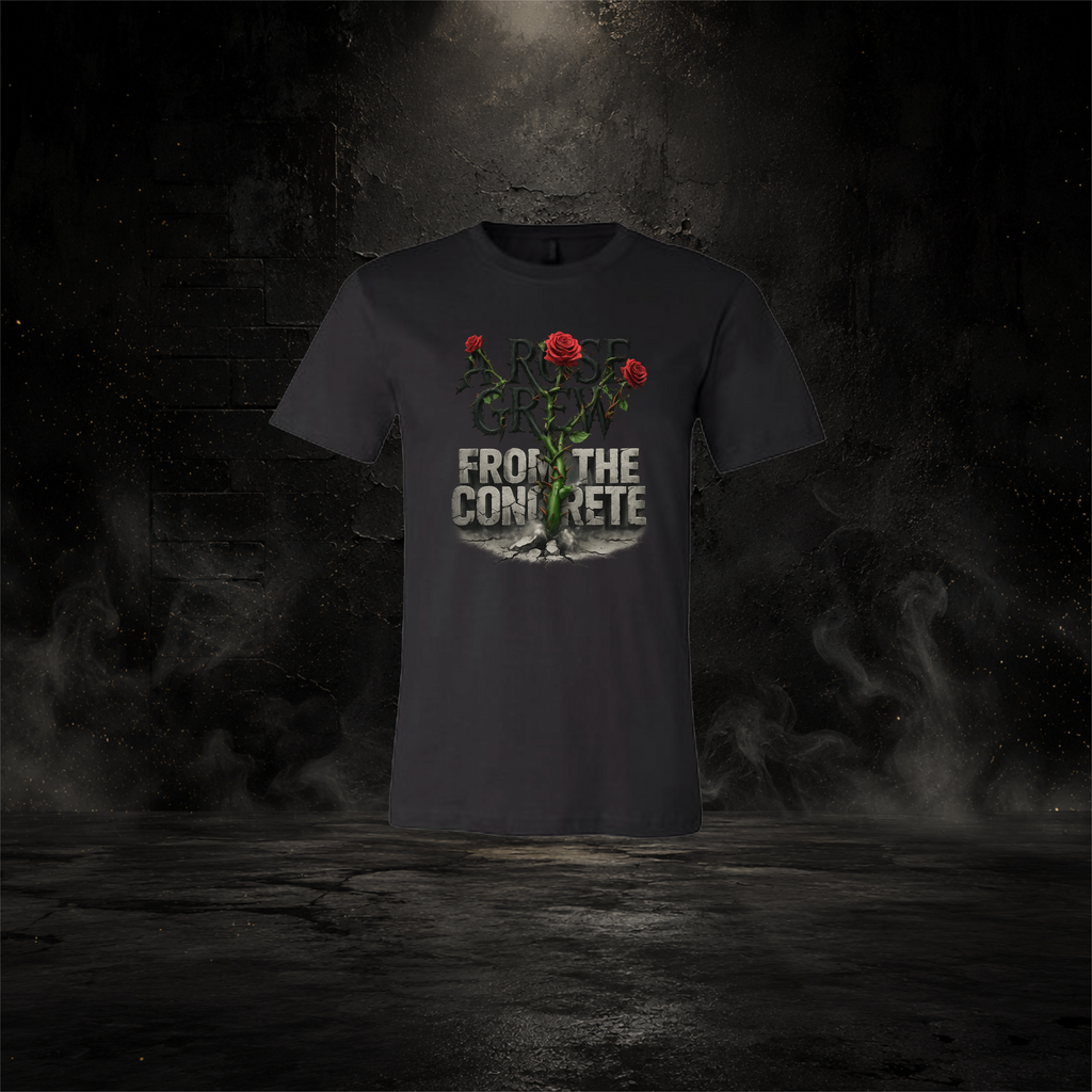 Black t-shirt with a graphic design and text 'From the Concrete' on a dark background