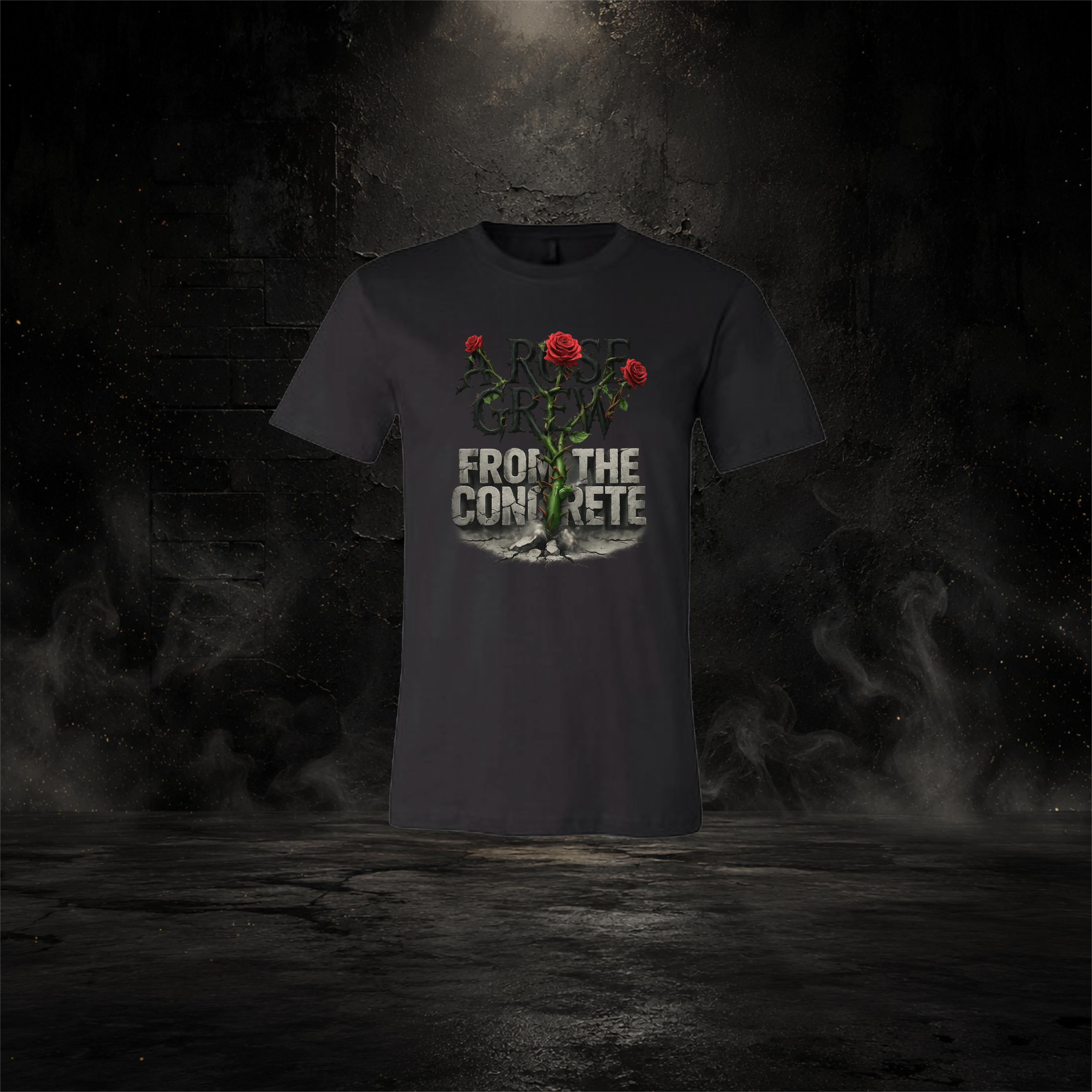 Black t-shirt with a graphic design and text 'From the Concrete' on a dark background
