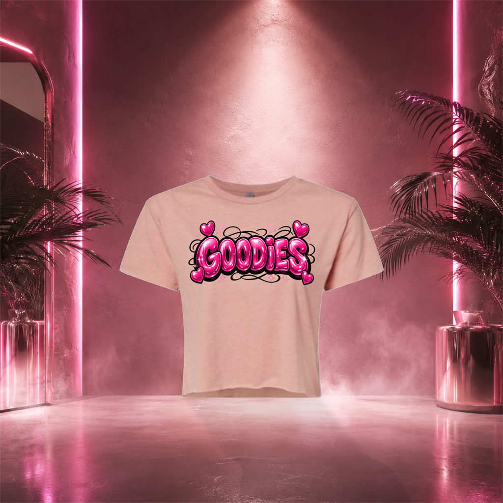 Pink GOODIES streetwear shirt mockup for Lil Carib Apparel Brooklyn fashion brand.