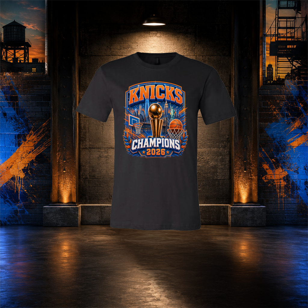 Black t-shirt with Knicks Champions 2026 design on a dark background