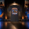 Black t-shirt with Knicks Champions 2026 design on a dark background