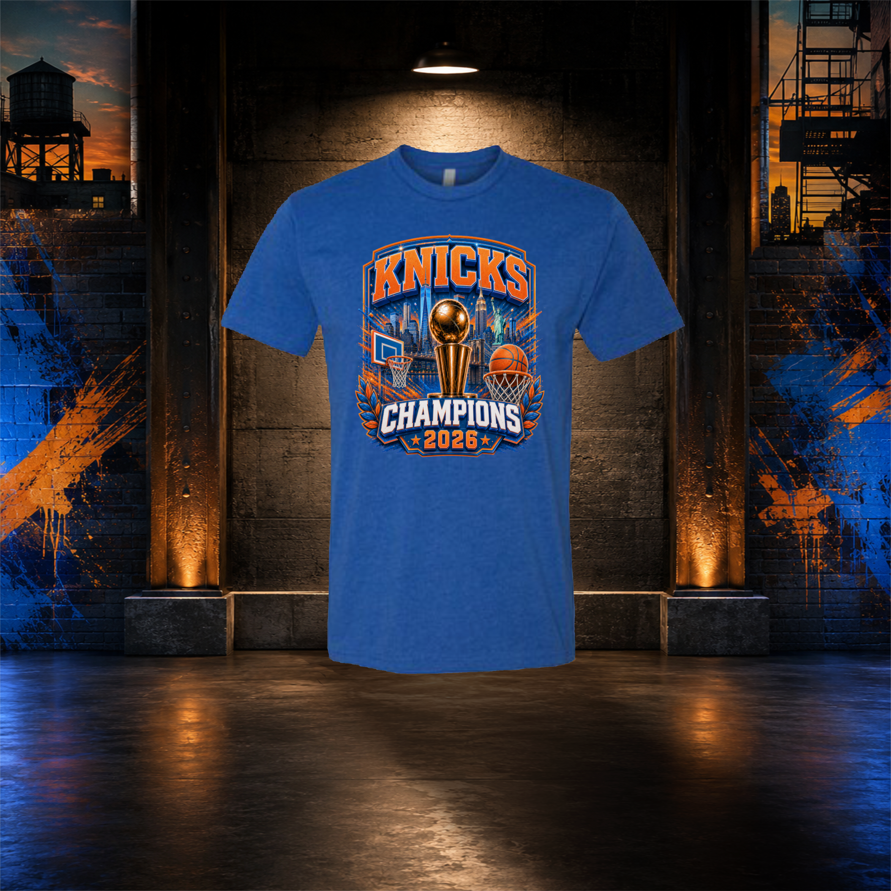 Blue t-shirt with Knicks Champions 2026 design on a dark background