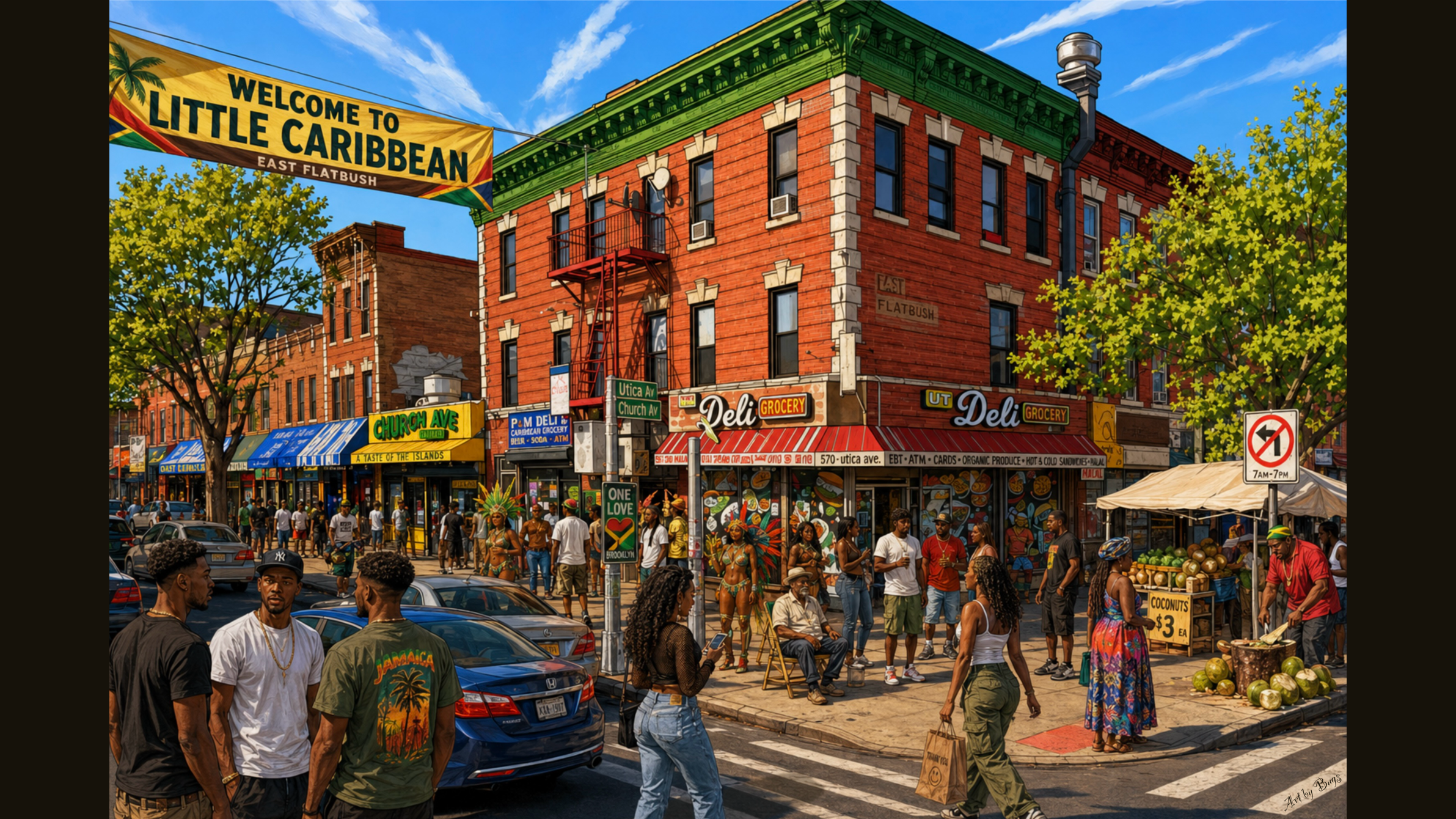 Street scene in Little Caribbean with people and shops on a sunny day.