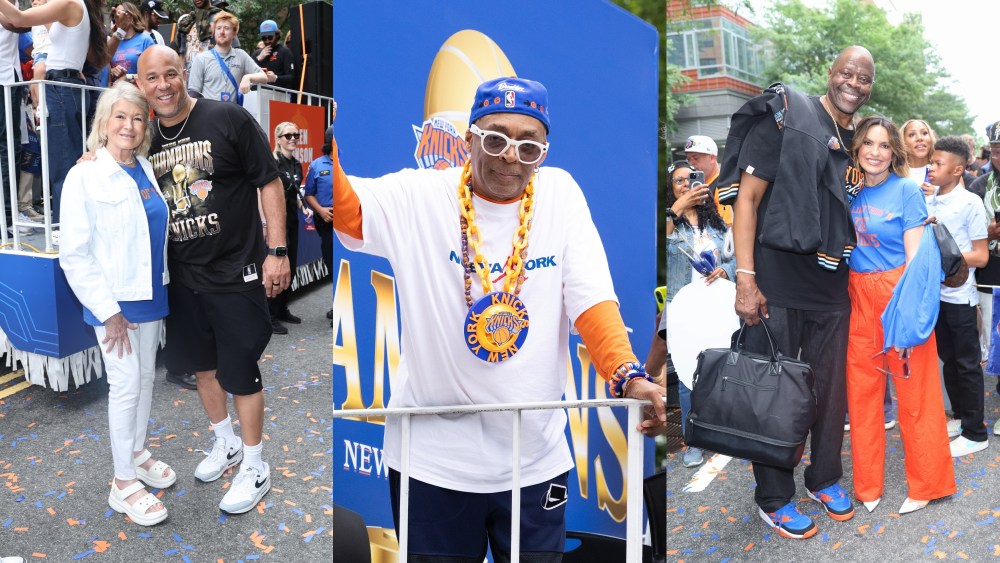Collage of people at a parade with a focus on a man in a blue hat and sunglasses.